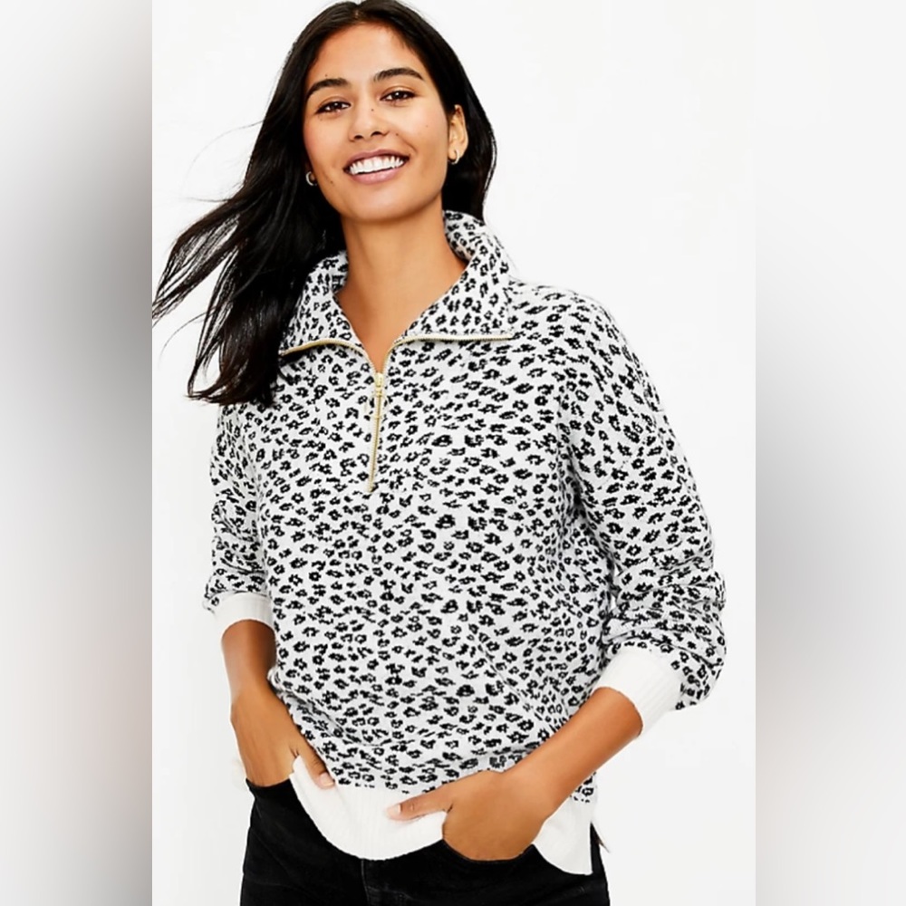EUC LOFT Leopard Print Quarter Zip Collared Long Sleeve Sweater Size L #102